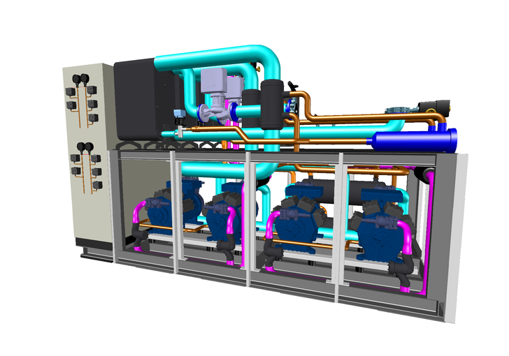 Bild 1 CAD-Zeichnung der kundenspezifisch ausgelegten Combitherm-Wärmepumpe HWW 1400 R134a mit einer Heizleistung von 800 kW (26/75 °C).h CAD-Zeichnung der kundenspezifisch ausgelegten Combitherm-Wärmepumpe HWW 1400 R134a mit einer Heizleistung von 800 kW (W26/W75 °C). - © Combitherm
