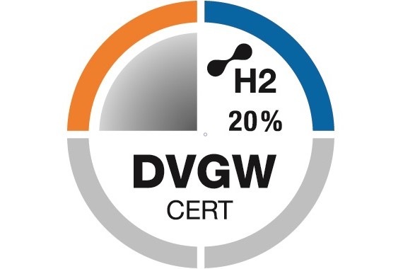 DVGW-Cert-Prüfsiegel „H2-ready“ für eine Beimischung von bis zu 20 Vol.-% Wasserstoff zum Erdgas.