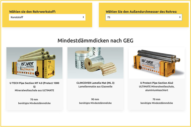 Isover: GEG-Dämmdickenrechner.