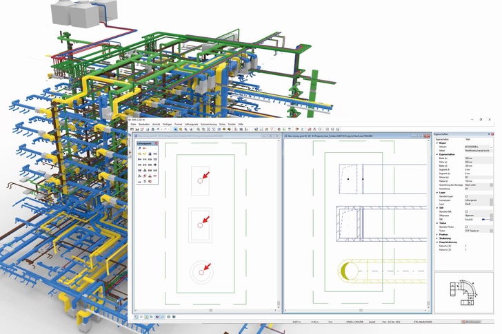 Verbinden von Etagenanschlüssen inklusive Dämmstoffdicke der Rohre und Kanäle in DDS-CAD 16. - © Data Design System
