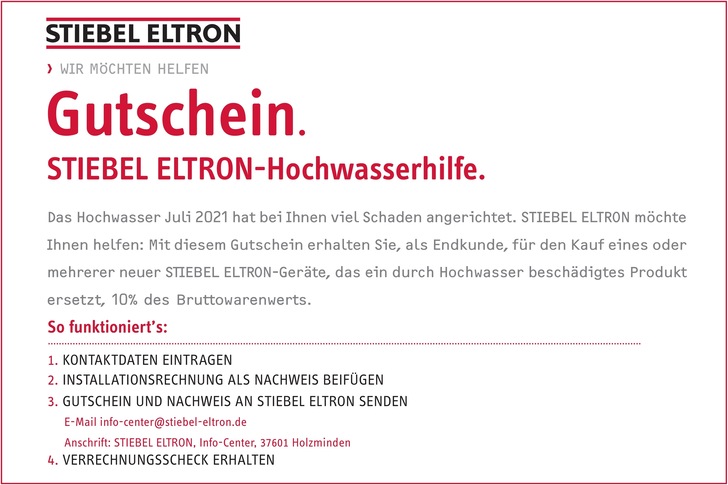Unbürokratische Hochwasserhilfe von Stiebel Eltron per Gutschein und Verrechnungsscheck. - © Stiebel Eltron
