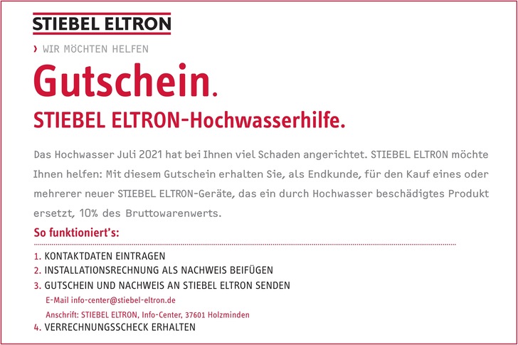 Unbürokratische Hochwasserhilfe von Stiebel Eltron per Gutschein und Verrechnungsscheck. - © Stiebel Eltron
