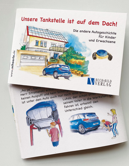 Dieses besondere Kinderbuch schildert u.a. wie Strom von der Photovoltaikanlage auf dem Dach ins Elektroauto gelangt - © Buch & Bild Verlag
