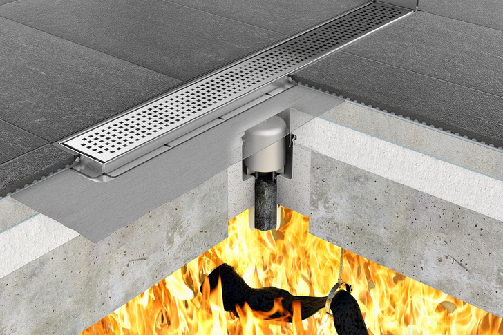 ACO Haustechnik: ACO ShowerDrain mit aktivierter Brandschutzkartusche.