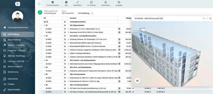 Nova Building IT: Die automatische Mengenermittlung mit dem LV 3D-Connector beschleunigt die LV-Erstellung mit Nova AVA. - © Nova Building IT
