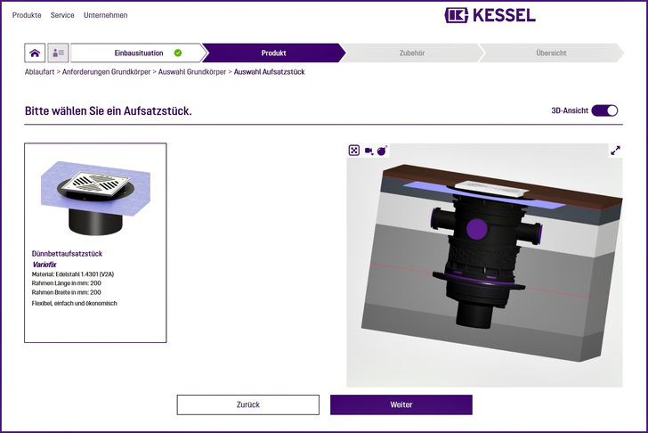 Kessel: Online-Planungsassistent für Ablauftechnik mit 3D-Viewing-Modell.
