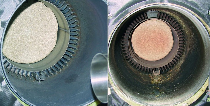 Heizöl EL schwefelarm im Langzeittest: Die Brennkammer eines neuen Ölheizkessels (links vor Beginn der ­Versuchsreihe) weist auch nach 1800 Betriebsstunden mit schwefelarmem Heizöl kaum Ablagerungen auf.