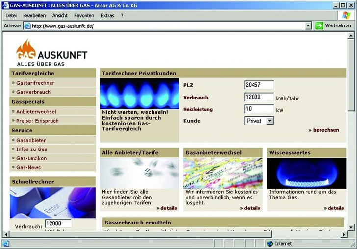 Gasauskunft.de: Wer liefert mit welchem Tarif am Standort Erdgas am preisgünstigsten?