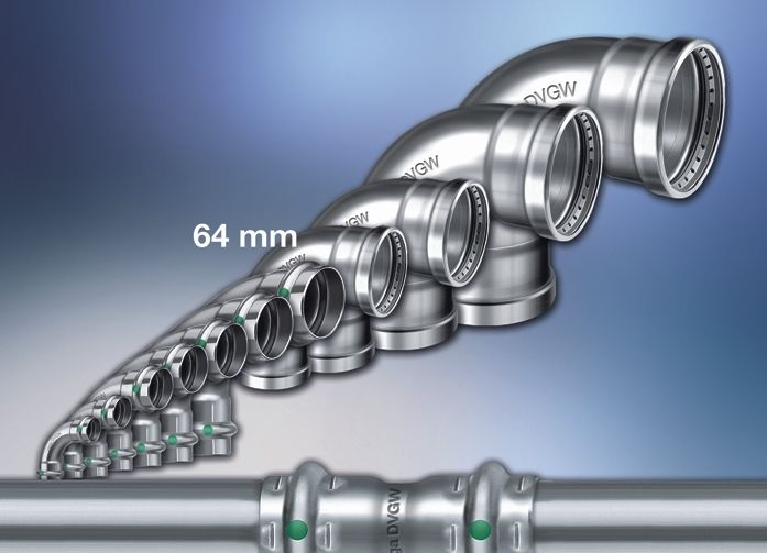 Als einziger Hersteller bietet Viega jetzt bei den metallenen Rohrsystemen eine 64er-Dimension für Wasser und Gas an.