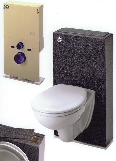 Neuer Grumbach-Stein für die Vorwandmontage von WCs mit vorne seitlich angebrachtem Druckknopf. - © Grumbach
