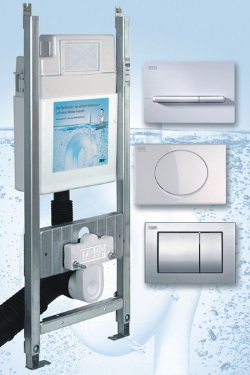 Mepa: Der UP-Spülkasten Sanicontrol R11 ist jetzt neben der Betätigungsplatte ­Mepasky (oben) auch mit Mepasun und der vandalensicheren Betätigungsplatte Mepastar (unten) lieferbar.