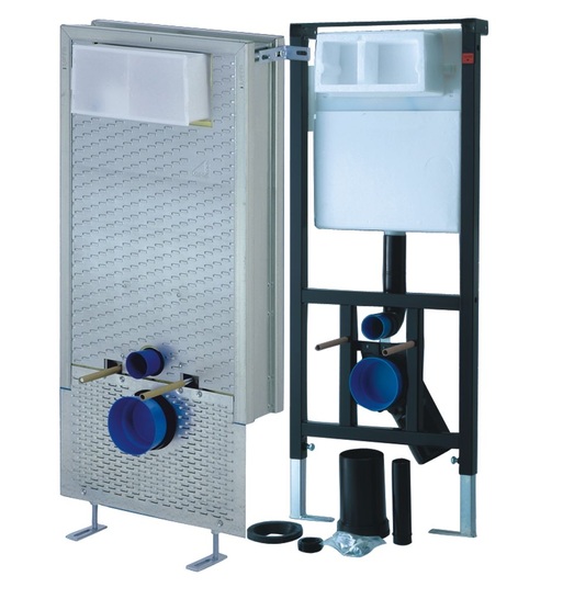 Uponor: Meroblock Installationsblöcke (links) sind in Ausführungen für WCs, Urinale, Waschtische, Duschen und Badewannen erhältlich. Das M-Tec System (rechts) ist für Vorwand- und Inwandinstallationen im Trockenbau konzipiert.