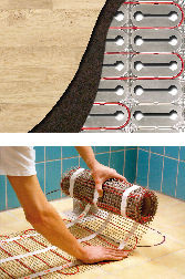 Danfoss: EFCI Dry-System aus Polystyrolplatten mit aufkaschierten Wärmeleitblechen (oben) und EFTI-Heizmattensets mit Aufbauhöhe von maximal 3,5 mm.