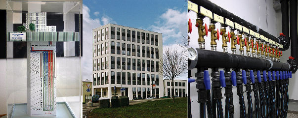 Zent-Frenger-Referenz Universa-Haus, Freiburg (Mitte). Das zehnstöckige Bürohochhaus wird ganzjährig über ein monovalentes Geothermiekonzept mit 15 Erdwärmesonden temperiert. Modell des Geothermiekonzepts (links), Sammler der Erdsondenanlage (rechts).