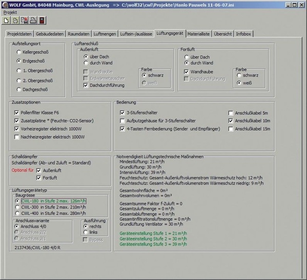 Wolf: Auslegungsprogramm für Wohnungslüftungsanlagen nach DIN 1946-6 (Entwurf).