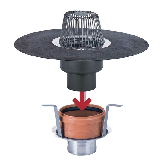 Dallmer: Brandschutzsystem für Flach­dächer mit Brandschutz-Rohbauelement, Dachablauf 62 und Laubfang aus Edelstahl.