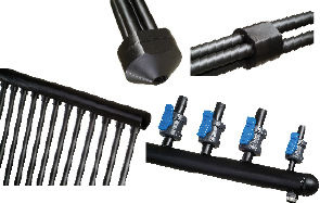 Akatherm FIP: Erdwärmesonde, Verteilersammler, vorgefertigte Absorberregister, erweiterbarer Hausanschlussverteiler.