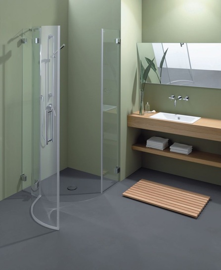 Bette: Bodenbündige Viertelkreis-Duschfläche Bettefloor mit Stahl/Email-Oberfläche.