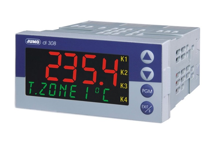 Jumo: Prozesswertanzeige­instrument mit Meldetext in Laufschriftausgabe.