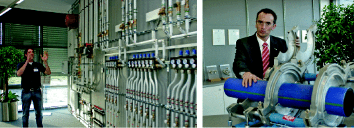 Ins Gebäude integrierte Versuchsstände sollen die Theorie direkt erlebbar machen. Thomas Zackell, Leiter der Uponor Academy (rechts): „Wir wollen in unseren Seminaren nicht nur von Thermischer Behaglichkeit sprechen. Wir wollen präsentieren, wie angenehm es sich anfühlt, wenn man Wärme nicht spüren kann.“