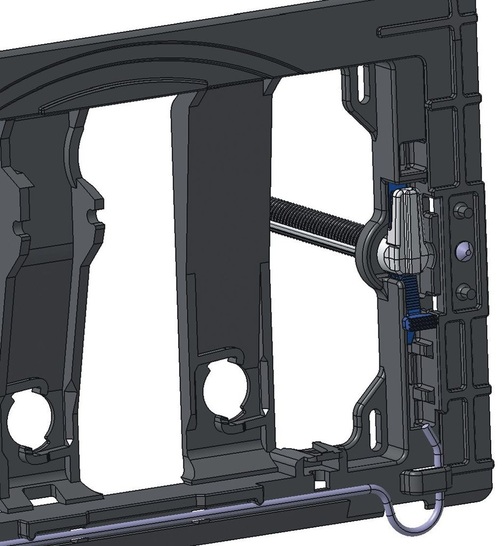 Einfach aber enorm wirkungsvoll: Werkzeuglose Befestigung des Montagerahmens für die Betätigungsplatten durch das Verspannen von Keilen (blau).