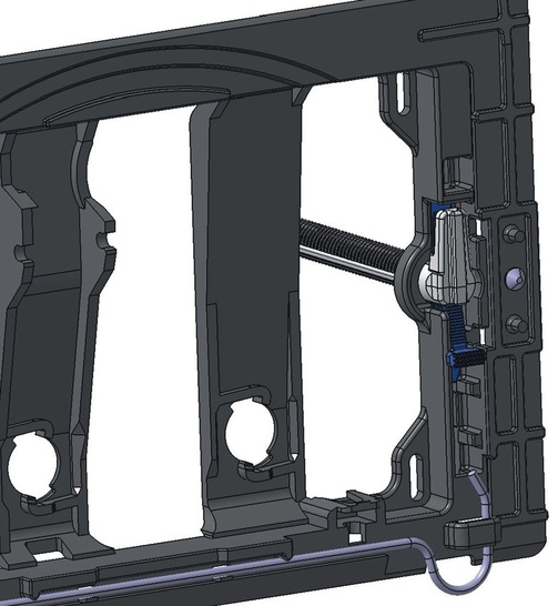 Einfach aber enorm wirkungsvoll: Werkzeuglose Befestigung des Montagerahmens für die Betätigungsplatten durch das Verspannen von Keilen (blau). - © Geberit
