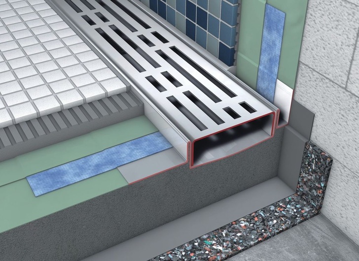 Tece: Der Knickfalz bei Tece­drainline und die darauf ­verklebte Dichtmanschette fungieren als Dichtung am ­kritischen Übergang zur Wand.