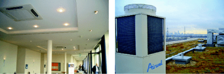 Die Lobby im Konferenzzentrum wird jetzt über fünf 4-Wege-Kassetten klimatisiert. Der Platzbedarf für die Außeneinheit der VRF-FlowLogic-Anlage ist minimal.