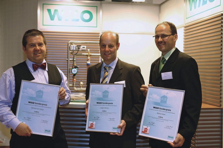 Die Wilo-Energiesparmeister im SHK-Fachhandwerk (v.l.): Richard van Lipzig, Geschäftsführer der Firma Efkemann; Jürgen Hohnen, Geschäftsführer der Firma Jürgen Hohnen, Markus Kauer, Geschäftsführer von Kauer Haustechnik.