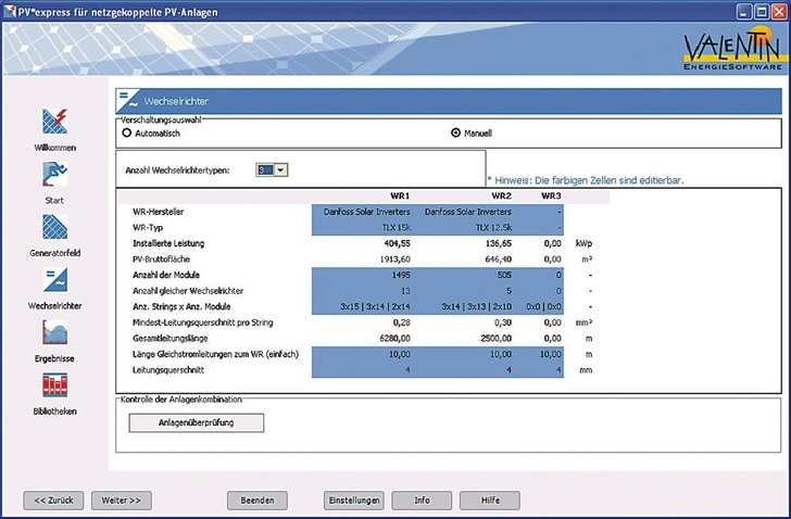 Valentin: Screenshot aus PV*express Version 3.0.