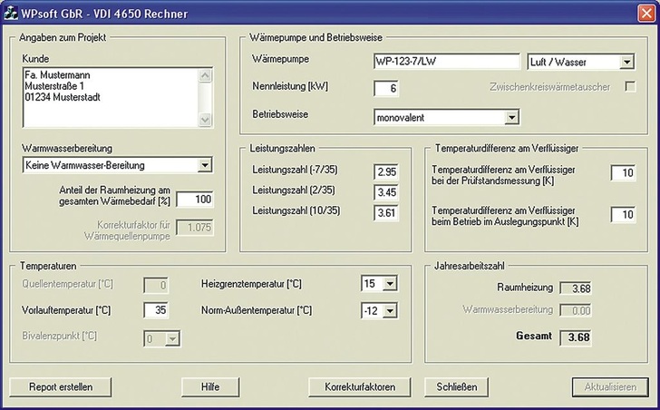 WPsoft: VDI-4650-Rechner zur Bestimmung der Jahresarbeitszahl. - © WPsoft
