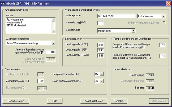 WPsoft: VDI-4650-Rechner zur Bestimmung der Jahresarbeitszahl.
