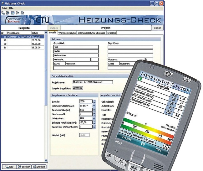 Hottgenroth/ETU: Mit der Software Heizungs-Check können die aufgenommenen Daten per Pocket-PC erfasst und ausgewertet werden.