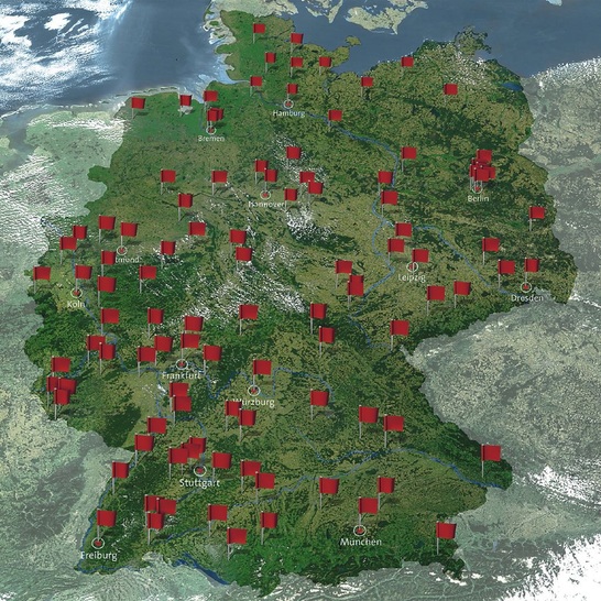 Die geografische Nähe von Brötje: 91 Haupthäuser der GC-Gruppe, 18 Haupthäuser von Pfeiffer& May. Insgesamt gibt es in Deutschland über 700 Verkaufsstützpunkte mit Informationen rund um die Brötje-Heizungstechnik. - © Brötje
