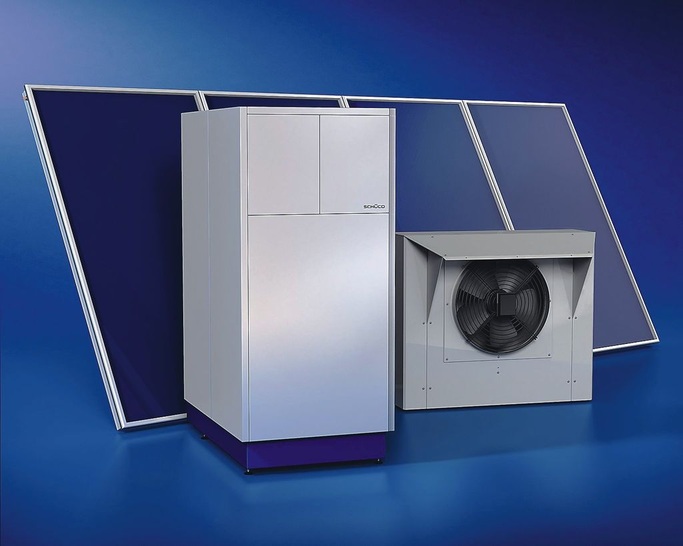 Schüco: Luft/Wasser-Wärmepumpe, Solaranlage und Gas-Brennwertmodul zu einer “Hybrid“-Wärmepumpe kombiniert. - © Schüco International KG
