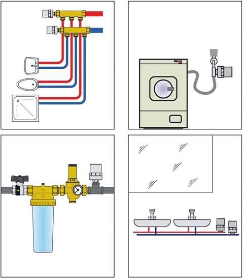 Caleffi: Empfohlene Einbauvarianten der Wasserschlagdämpfer Serie 525. - © Caleffi
 Caleffi: Empfohlene Einbauvarianten der Wasserschlagdämpfer Serie 525.