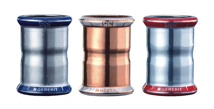 Geberit: Die Farbe des Pressindikators ermöglicht die eindeutige Identifizierung des Werkstoffs auf den ersten Blick (Blau: Edelstahl; Weiß: Kupfer; Rot: C-Stahl). - © Geberit
 Geberit: Die Farbe des Pressindikators ermöglicht die eindeutige Identifizierung des Werkstoffs auf den ersten Blick (Blau: Edelstahl; Weiß: Kupfer; Rot: C-Stahl).