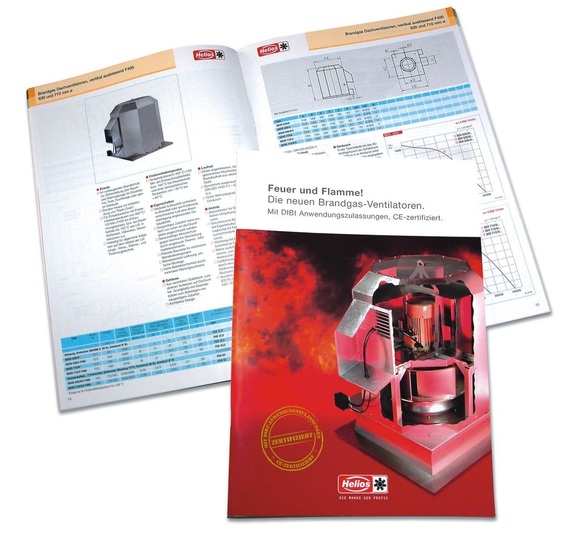 Helios: Das aktuelle Brandgasventilatoren-Programm findet sich im vollständig überarbeiteten Katalog „Feuer und Flamme“. - © Helios
