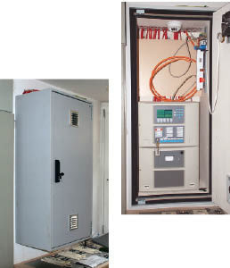 Schraner: Brand-Schutzzelle für die Wandmontage — mit Belüftungsöffnung und Verschluss samt elektronischer Absperr- und Rückstellvorrichtung mit eingebauter BMZ und durch einen automatischen Melder überwacht.