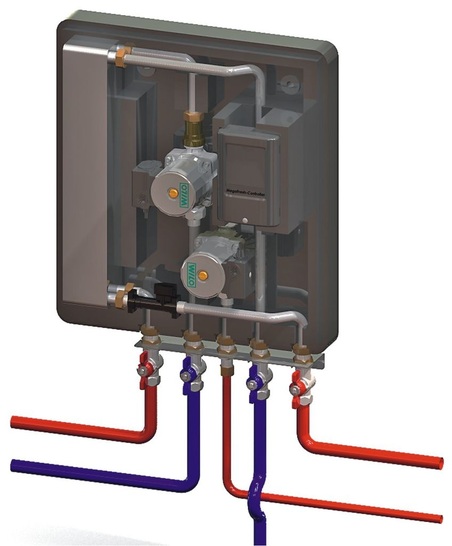 Taconova: Elektronisch geregelte Trinkwarmwasserstation Megafresh für Heizsysteme mit Pufferspeicher.