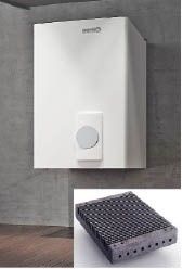 Öl-Brennwertheizkessel NocoCondens WOB mit Nachschaltheizfläche aus Carbon. Die gleiche Technik nutzt der separate Brennwert-Wärmeübertrager zur Nachrüstung für Öl-Niedertemperaturheizkessel LogoBloc. Die Wärmeübertrager werden gefräst, haben eine hohe chemische Widerstandsfähigkeit und selbstreinigende Oberflächeneigenschaften.