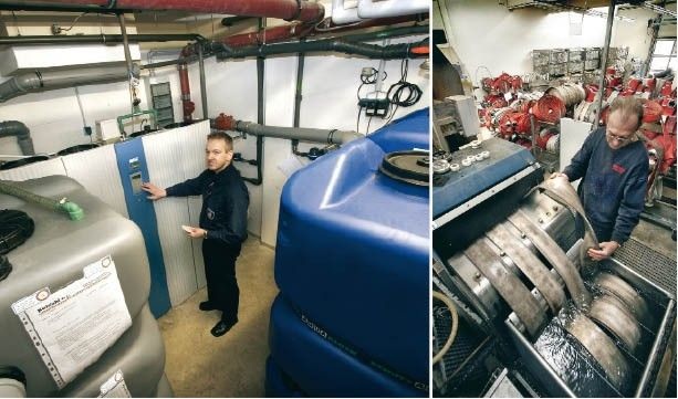 Wirbelbett-Anlage, kombiniert mit Regenwassernutzung, im Technikzentrum der Hamburger Feuerwehr. 40 Männer duschen hier täglich. Das Betriebswasser wird für die Schlauchreinigung verwendet. Einsparung ca. 500 m³/a; Fabrikat: Pontos.