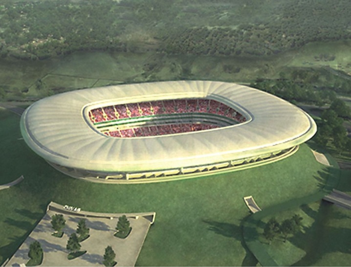 Landmarke für die neue Hansgrohe Vertriebsgesellschaft in Mexiko: Das noch im Bau befindliche Fußball-Stadion „Il Volcano“ in Guadalajara, entworfen von Jean-Marie Massaud, ist mit Armaturen und Brausen der Designer­kollektion Axor Massaud von Hansgrohe ausgestattet.