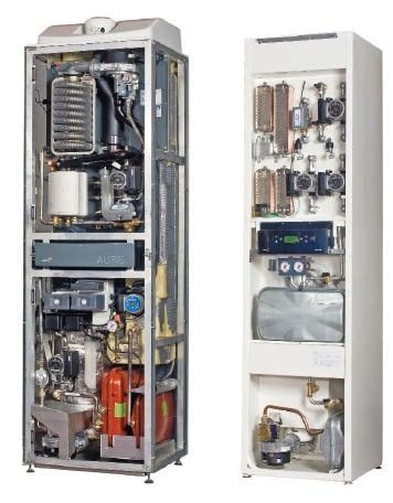 Links die erste und rechts die zweite Generation einer GasWärmepumpe nach dem Diffusions-Absorptions-Prinzip von Bosch Thermotechnik. Der in der ersten Generation noch erforderliche, integrierte Brennwertheizkessel ist nun nicht mehr nötig, weil die Gas-Wärmepumpe seine Funktionen — modulierender Betrieb, Trinkwassererwärmung und Abdeckung der Spitzenheizlast — übernimmt. Das spart Kosten, Energie und Platz.