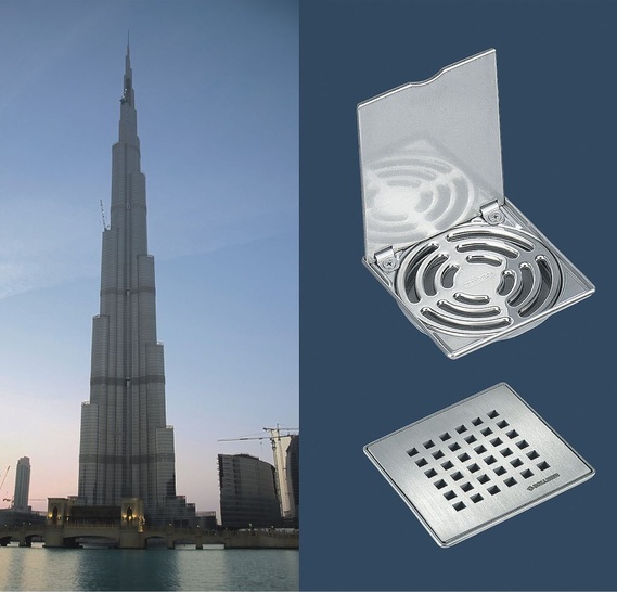 Zum Burj Khalifa, dem höchsten ­Gebäude der Welt, lieferte Dallmer mehrere Tausend hochwertige Edelstahl-Abdeckungen für Bodenabläufe. - © Dallmer

