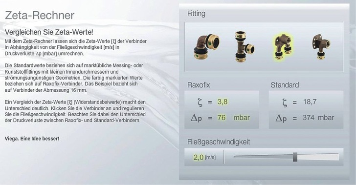 Viega: Zeta-Rechner vergleicht Druckverluste von Formstücken des Raxofix-Systems mit denen marktüblicher Messing- oder Kunststoffverbinder. - © Viega
 Viega: Zeta-Rechner vergleicht Druckverluste von Formstücken des Raxofix-Systems mit denen marktüblicher Messing- oder Kunststoffverbinder.