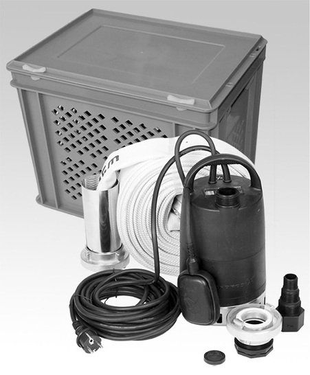 Grundfos: Multibox mit Kellerentwässerungspumpe Unilift CC7 und 15 m Feuerwehrschlauch der Größe C zum wischtrockenen Leerpumpen vollgelaufener Keller.