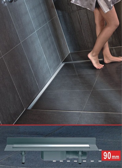 Dallmer: Mit flachen Duschrinnen und ­Abläufen mit aus­gezeichnetem Design werden Bäder elegant modernisiert.