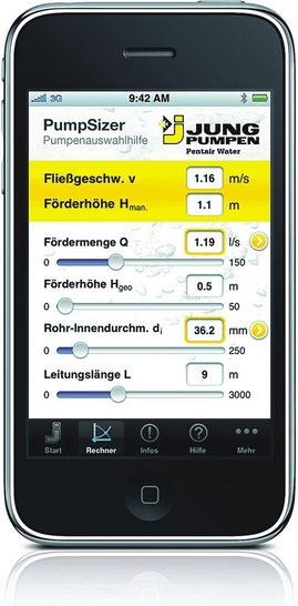 Die Applikation PumpSizer von Jung Pumpen für iPhone und iPod touch berechnet die hydraulischen Kenngrößen einer Schmutzwasserentsorgung mit Pumpen. - © Jung Pumpen
