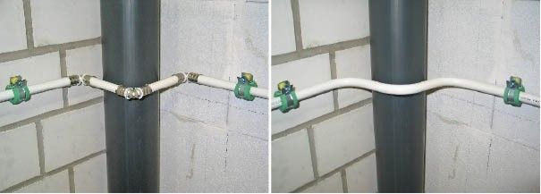 Bild 1 Eine Richtungsänderung kann mit Formstücken oder durch Biegen der Rohre realisiert werden. So beeinflusst der Installateur durch seine handwerkliche Leistung die Entstehungs­kosten und das Druckgefälle — ganz unabhängig von allen Diskussionen über Zeta-Werte.